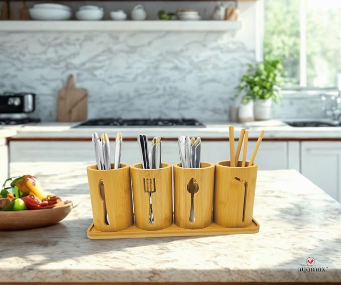 Bamboo Cutlery Holder Set - 4 kitchen Utensils Holder with Bamboo Tray | Decorative kitchen countertop Cutlery Stand | Utensil holder - knife, fork Spoon and Straw holders