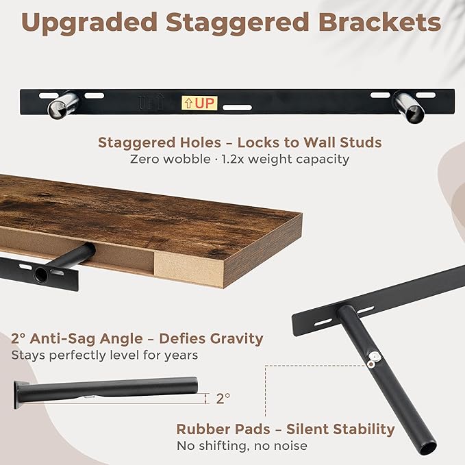 FLYJOE 22.5 Inch Floating Shelves for Wall Set of 2, 6.5" D Wood Grain Bathroom Shelves with Invisible Brackets, Easy Install Engineered Wood Storage Shelves for Kitchen, Living Room, Bedroom