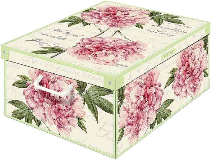 Lavatelli: Storage Box: Medium - Peony - Lid & Side Handles, Decorative Cardboard Organizer, Stacking, Folds, Home-Clothes-Linens, 16.5 x 12.6 x 6.9 | Organiser box in cardboard with lid, single box of 32x42x17.5 cm, for clothes and blankets. Made in I...