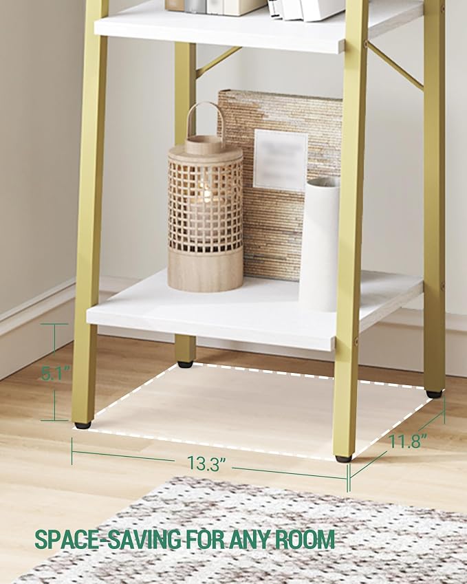 Hzuaneri Ladder Shelf, Bookshelf Bookcase, Freestanding Corner Storage Shelve with 2 Hooks for Home Office, Living Room, Kitchen, Bedroom, Industrial, 11.8" D x 13.4" W x 72.8" H,White Gold BC13313G