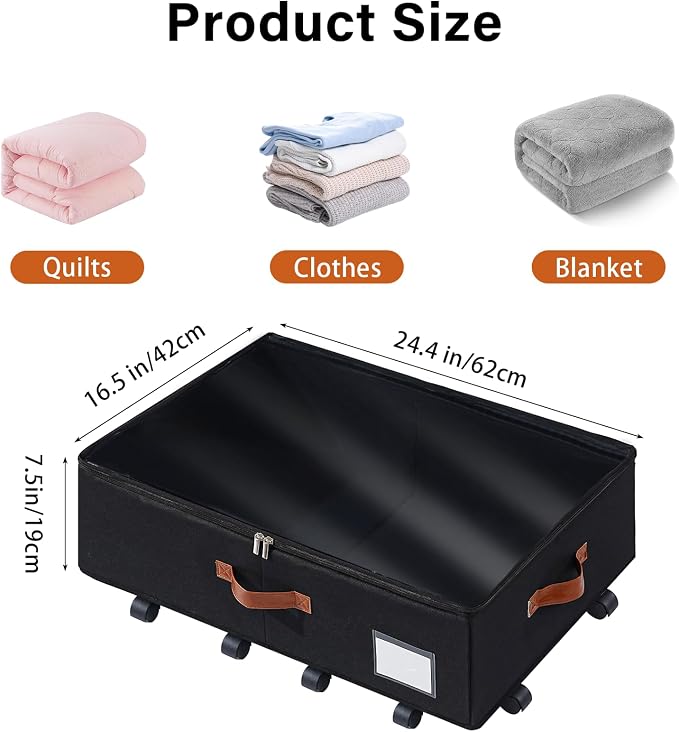 Freebat Under Bed Storage Organizer with Wheels 2 Pack, 7.5 inches Height Underbed Container with Clear Lid Cover, Storage Bag Box with Visiable Window for Clothes, Bedsheet, Pillow