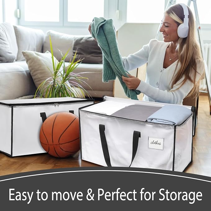 6 Pack Extra Large Heavy Duty Clear Moving Bags with Reinforced Zippers & Wide Carry Handles, See-Through Storage Totes for Clothes Packing, Dorm Moves & Home Organization
