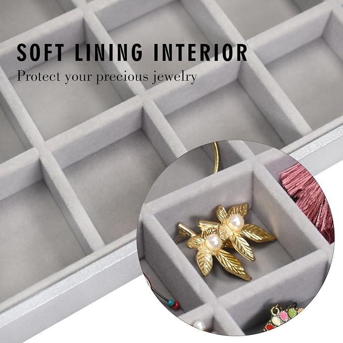 Siveit Jewelry Tray Organizer Box 48 Grid Jewelry Display Organizer Box with Transparent Lid Rings Earrings Necklaces Pendants Display Box Suitable for Women and Girls (48 Grid, Silver Grey)