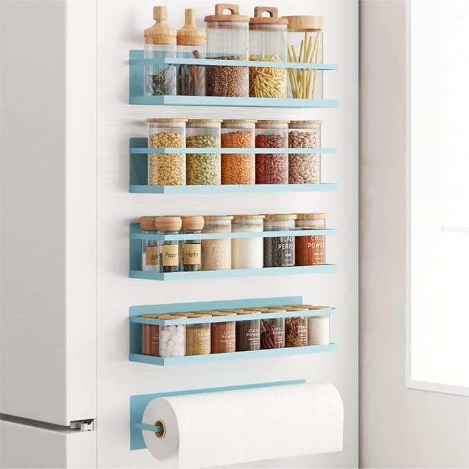 Magnetic Spice Rack For Refrigerator, Space Saving Magnetic Shelf For Fridge Blue 4 Pack With Magnetic Paper Towel Holder