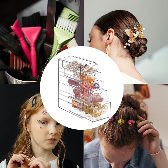 Clear Hair Accessories Storage Drawer Hair Tie Storage Organizer Acrylic Makeup Organizer Jewelry Organizer Scrunchie Holder with 5 Drawers for Bathroom Closet Desk Office Vanity, Undersink