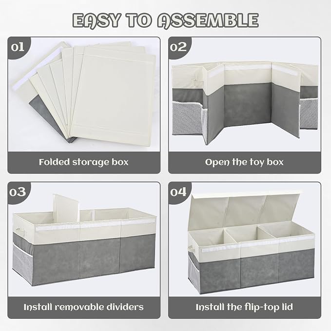 FIIOEOY Extra Large Toy Box with Lids, Collapsible Toy Storage Organizer with Divider for Kids, Sturdy Toy Chest for Bedroom, Nursery, Living Room, Playroom, 40"x14"x16", Gray & White