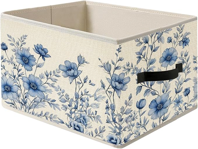 Blue and White Vintage Floral Storage Bin Box with Handles, Grandmillennial Flower Botanical Foldable Organizer Basket Toybox for Girls Dorm Bedroom Bathroom Clothes Toys Books