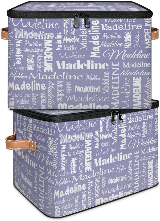 Custom Storage Basket with Name, Personalized Keepsake Box with Zipper Lid, Foldable Fabric Memory Bin Large capacity with Handle Haze Purple