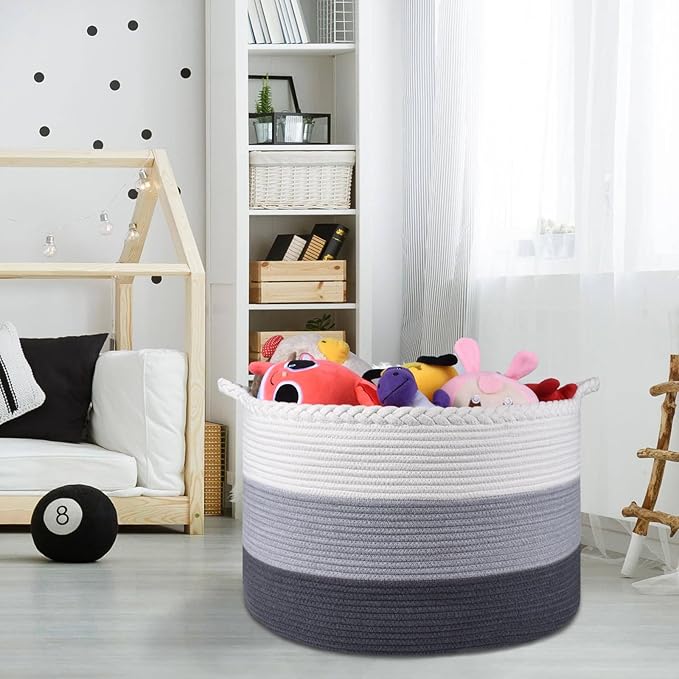 COMSE Extra Large Woven Blanket Laundry Basket, 21.7”x 13.8”, Nursery Hamper, Cotton Rope Laundry Hamper Living Room for Storage Toys Clothes Towels (White & Light Gray & Dark Gray)