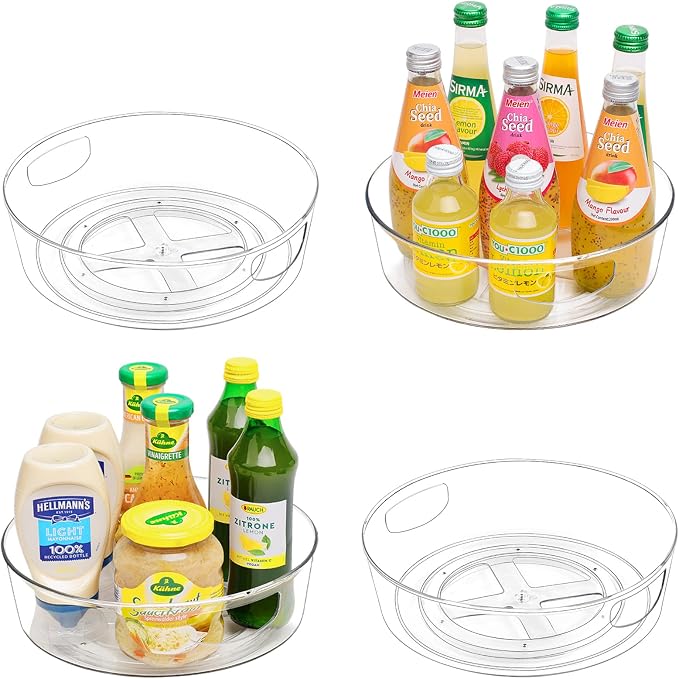 GUZON 4 Pack Lazy Susan Turntable for Cabinet, 10 Inch Lazy Susan Organizer with Handles and High Sides, Clear Rotating Organizer for Kitchen, Pantry, Dresser, Refrigerator, Bathroom, Table, Fridge