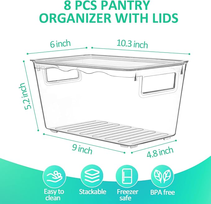 KAMOTA Plastic Storage Organizer Basket Bin with Handles and Lids for Bathroom, Pantry, Kitchen Cabinet, Fridge, Closet, Bedroom, Office and Home Organization - 8 pack - Clear