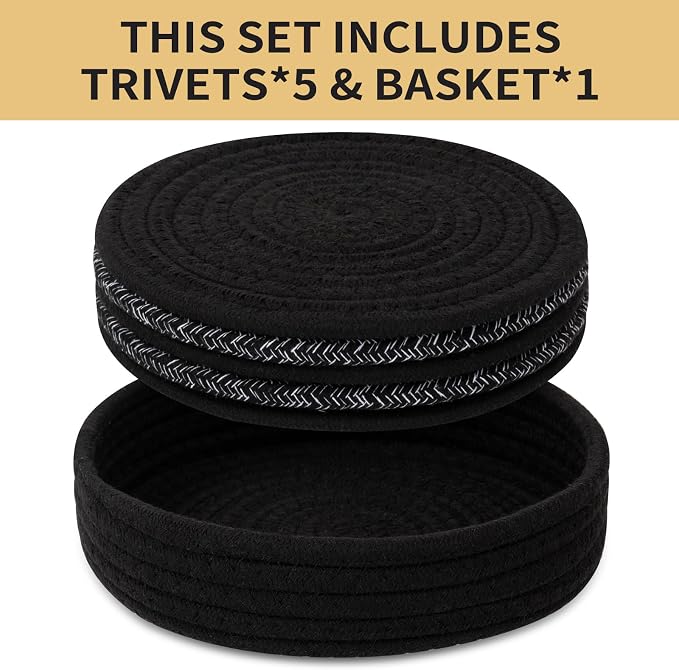 Trivets for Hot Dishes, Pots and Pans, Heat Resistant Hot Pads with Storage Basket, Pot Holders for Kitchen Countertop, Trivet Mats Home Essentials Farmhouse Decor (Black 5 Pcs)