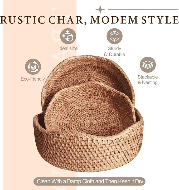 10" Medium Wave Rattan Wicker Bread Basket, Natural Fruit Basket for Kitchen Counter, Hand Woven Food Baskets, Artisanal Bread Baskets for Serving, Fruit, Vegetable, Snack, key, Etc.