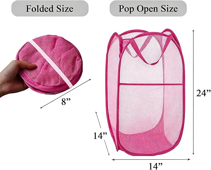 Larpur Popup Laundry Basket, Collapsible Portable Mesh Clothes Washing Laundry Hamper with Reinforced Carry Handles (Pink)