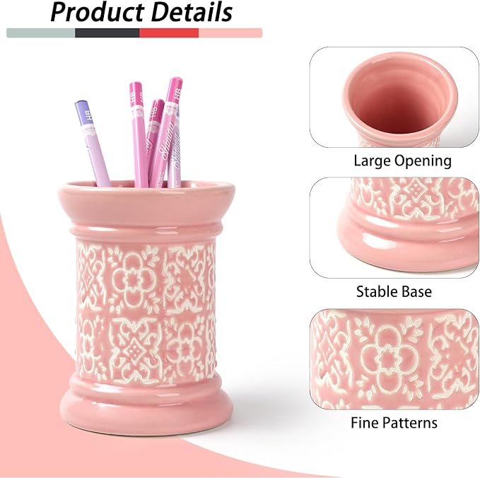 Printed Pencil Holder, Cute Pen Holder for Desk, Ceramic Carved Cylinder Pencil Holder, Office Decoration Container Islamic Style(Pink)