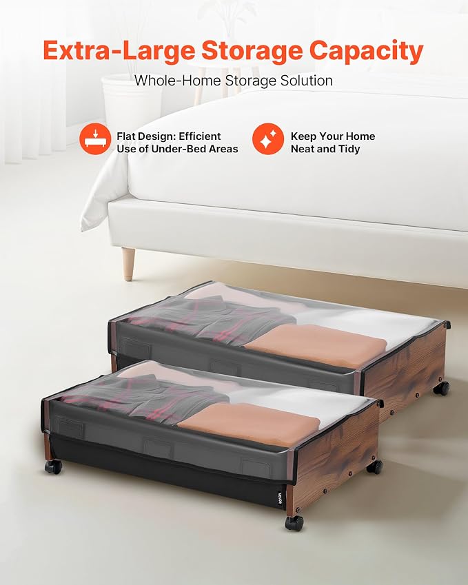 VEVOR Under Bed Storage with Wheels, 36.0 x 18.1 x 7.3 inch, Underbed Containers with Clear Lid, Underbed Shoe Organizer, Rolling Under the Bed Storage Bins for Clothes Shoes Blankets Bedroom, 2 Pack