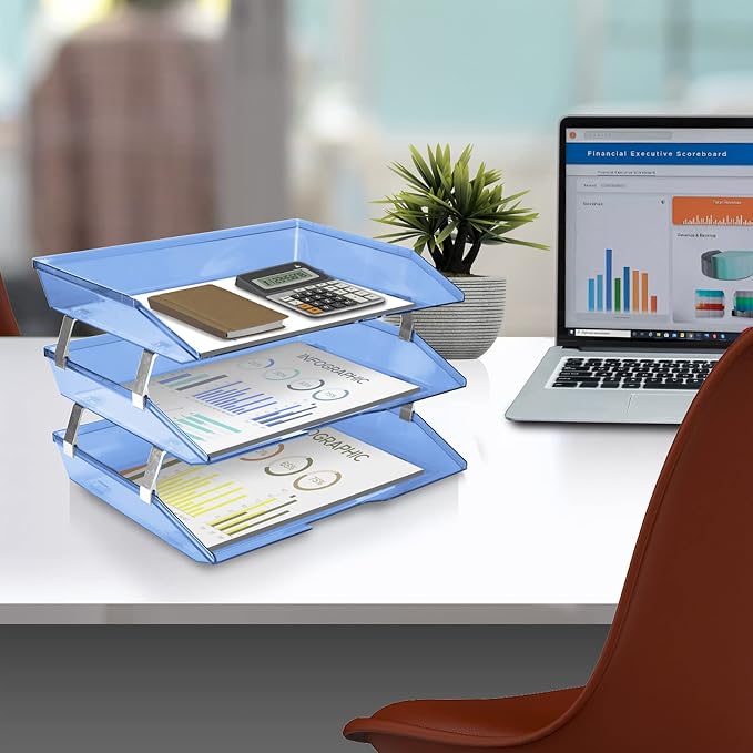 Acrimet Facility 3 Tier Letter Tray, Side Load, Letter Size/A4, Desktop File Organizer, Plastic (Clear Blue Color)