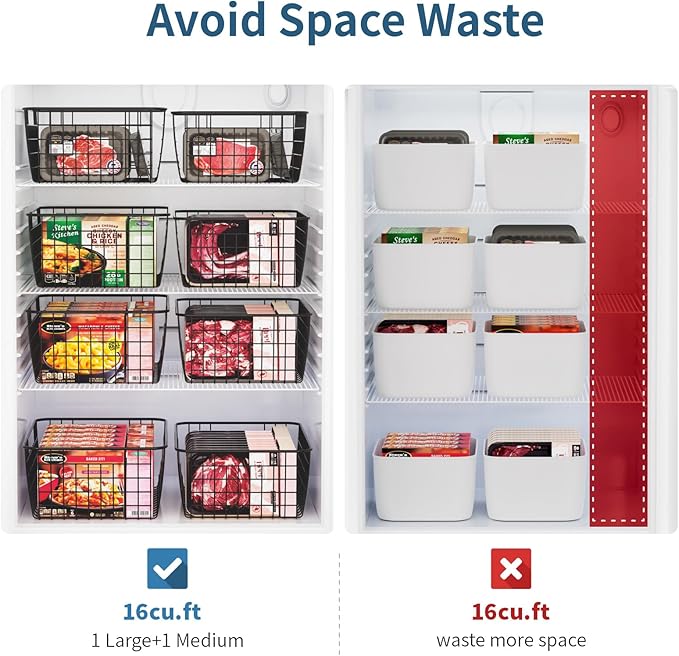 iSPECLE Freezer Organizer Bins - 4 Pack Upright Freezer Baskets for 16/17/21 Cu.Ft Stand Up Freezer, Wire Storage Slide-Out Access, Prevents Items Falling, 2 Large and 2 Medium, Black