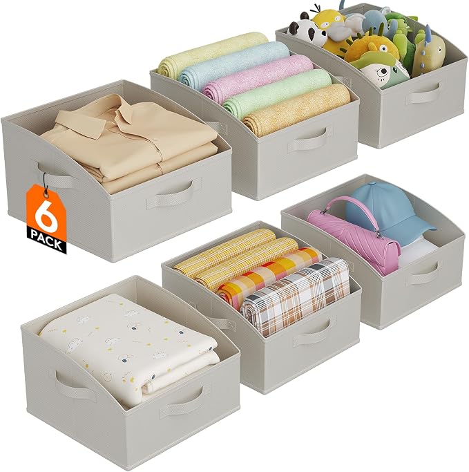 Lifewit Trapezoid Closet Storage Bins for Shelf, 6 Packs Non-woven Closet Organizer Baskets with Handles, Foldable Clothes Containers Boxes for Clothing, Book, Purse, 16L, Medium, Light Gray