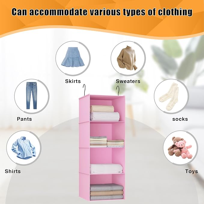 Hanging Closet Organizer 4-Shelf, Oxford Fabric Wardrobe Storage, Pink | Easy-mount foldable design holds clothes, handbags, shoes & accessories; washable Oxford fabric, sturdy and space-saving.