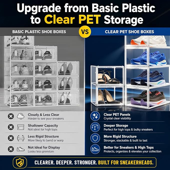 2 Pack Drop Front Acrylic Shoe Boxes with Magnetic Door Fit US Size 12, Clear Stackable Shoe Organizer for Closet, Entryway, Underbed, Multiple Display Cases for Hats, Figures, Sneakers