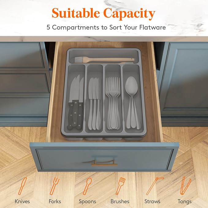 Lifewit Silverware Organizer with Lid, Covered Utensil Tray for Kitchen Drawer and Countertop, Plastic Cutlery and Flatware Storage Box for Spoons Forks Knives Holder Case, 23 x 32 cm, Gray
