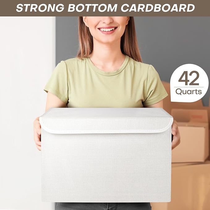 Bagnizer Large 42 Quarts Fabric Storage Bins with Lids [2-Pack] Linen Collapsible Foldable Storage Cubes, Closet Organizer Containers boxes with Handles for Home Office (16.7 x 12 x 12, White)