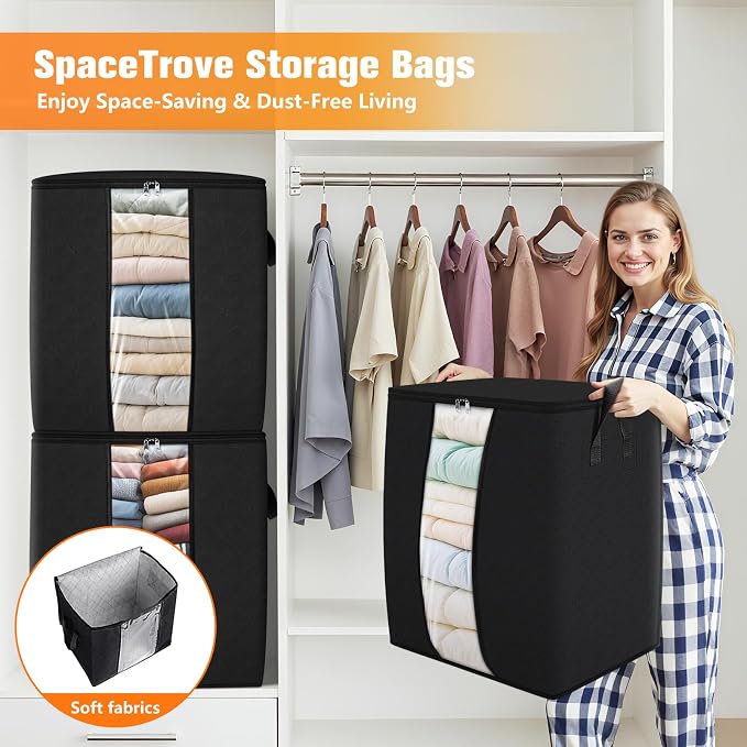 SpaceTrove Clothes Storage Bags, 4-Pack Comforter Blanket Organizers, 80L Large Capacity Containers with Visual Window for Clothing, Quilt, Sheet, Pillow, Closet Organization for Bedding (Black)