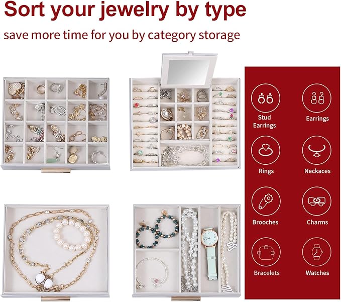 BOOVO Clear Lid Jewelry Box,3 Layers Jewelry Organizer Large Jewelry Storage Box with 2 Drawers,Jewelry Holder Organzier of Rings Earrings Necklace Bracelets for Women (Grey, 4 Layer)