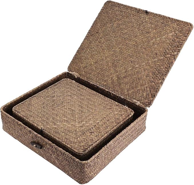 Hipiwe Set of 2 Flat Woven Wicker Storage Bins with Lid Natural Seagrass Basket Multipurpose Home Boxes for Shelf Organizer (Coffee)