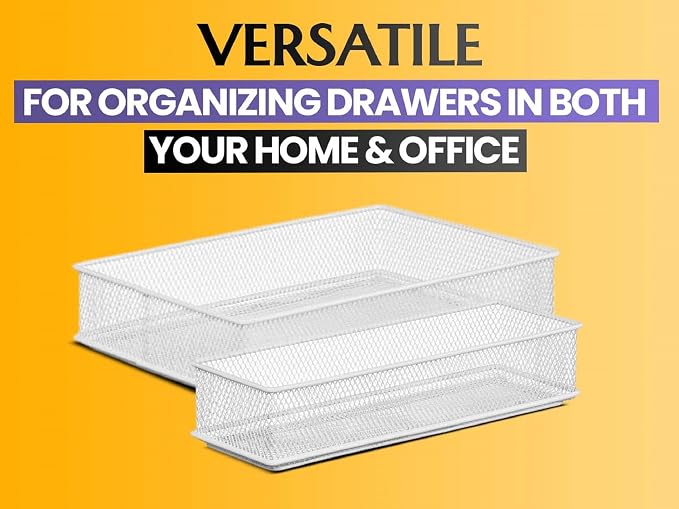 YBM Home Silver Mesh Drawer Organizer and Storage for Kitchen Drawers, Serves as School Supply Holder, Office Desktop Organizer Basket, Makeup and Craft Supplies Organization, (1 Unit, 8x12x2 Inch)