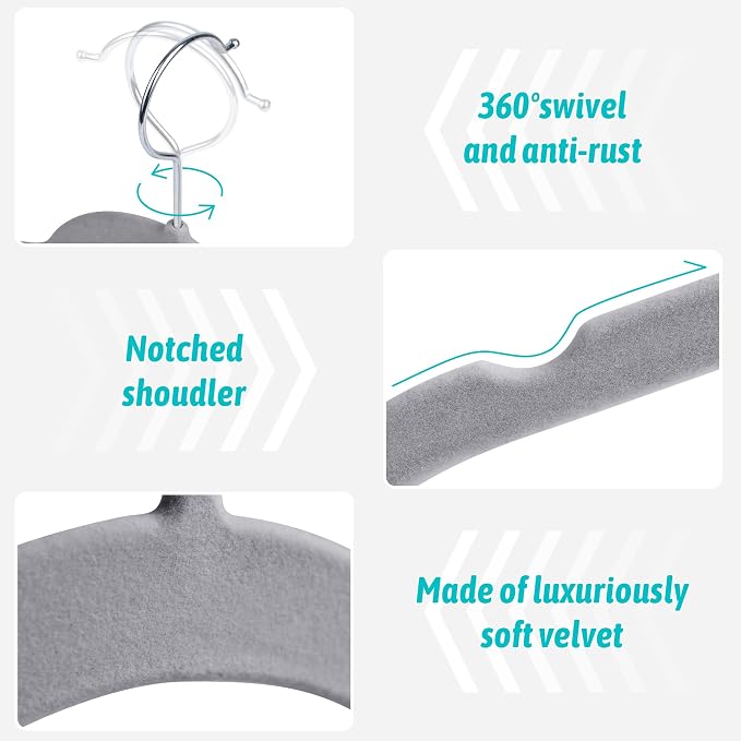 Sishynio Premium Velvet Shirt Hangers 50 Pack, Space-Saving Non-Slip Felt Hanger with 360° Swivel Hook, Slim Flocked Hangers for Strappy Dresses, Blouses, Tank Tops(Grey)