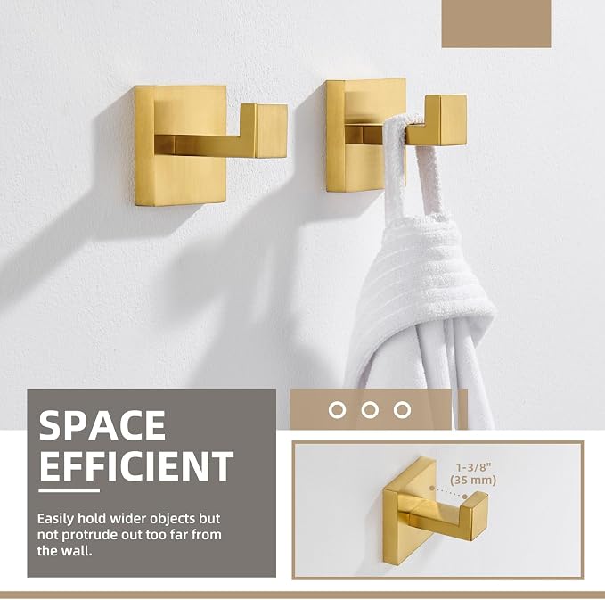 Angle Simple Towel Hook Brushed Dark Gold 2 Pack, 304 Stainless Steel Square Robe Hook for Bathroom