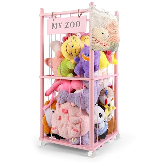 GLDZI Stuffed Animal Storage Zoo with Wheels, Wooden Stuffed Animal Organizer with Elastic Cords, Space Saving Toy Plushies Storage Holder for Playroom, Bedroom, Living Room(Pink, Small)