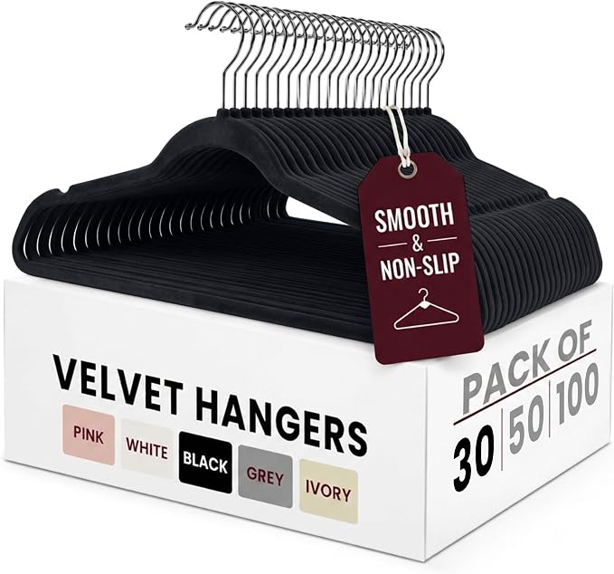 LDC Black Velvet Hangers 30 Pack - Premium Non-Slip Clothes Coat Pants Felt Hanger for Closet - Heavy Duty Space Saving 360° Swivel Hook Hangars - Black