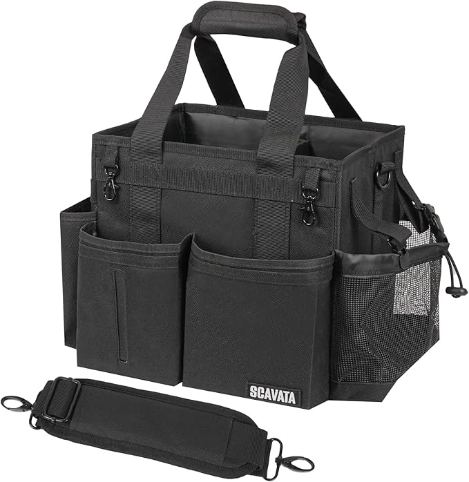 SCAVATA Compact Wearable Cleaning Caddy, Small Supplies Organizer with Handle & Shoulder Straps for Housekeepers, Under Sink & Car Cleaning Tool Organizer Bag (Black)