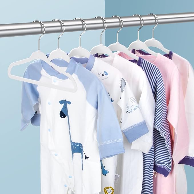White Velvet Kids Hangers 50 Pack - 11" Ultra Thin Non-Slip Clothes Hangers for Baby/Toddler/Daycare | 360° Rotating Hooks, Space-Saving Nursery Organization