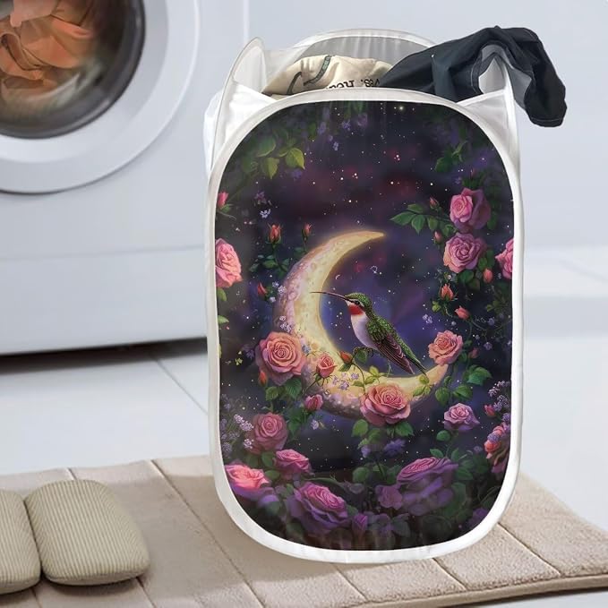 AFPANQZ T-rex Strong Mesh Pop-up Laundry Hamper Collapsible Laundry Baskets with Side Pocket Hummingbird Moon Rose Steel Frame Easy to Open and Fold Flat for Clothes Storage