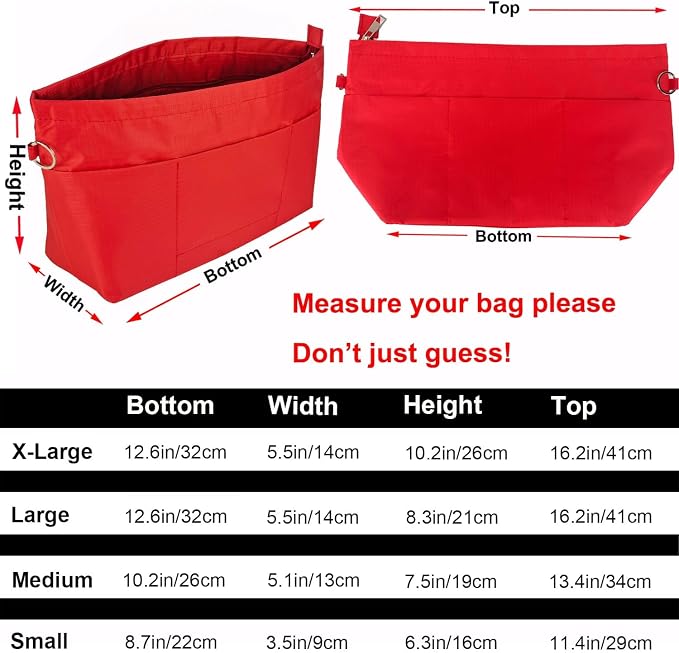 Handbag Tote Purse Organizer Insert Bag Liner Shaper Divider Zipper 11 Pockets Compartments Small Red | Bag Divider Liner Shaper Separator in Bag with Zipper, 11 Pockets Compartments