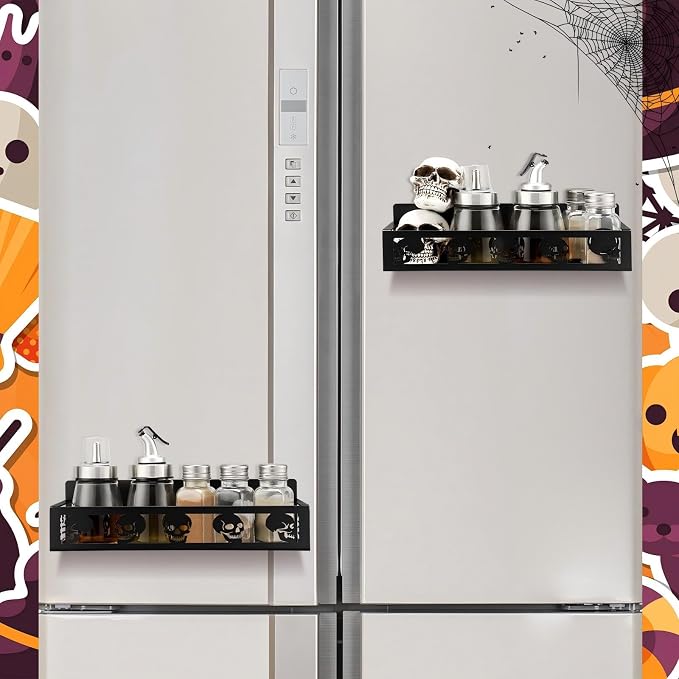 Beeveer 2 Pack Skull Head Magnetic Spice Rack for Refrigerator Metal Magnet Basket Shelf for Fridge Seasoning Storage Organizers Home Decor Kitchen Accessories (Black)