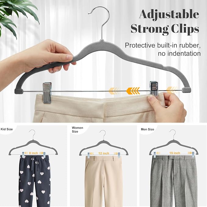 HOUSE DAY Velvet Skirt Hangers 36 Pack, Grey Hangers with Adjustable Clips | Space Saving Slim Felt Pant Hanger, Heavy Duty Shorts Hanger, Non Slip Clip Hangars for Pants, Skirts, Shorts, Outfit