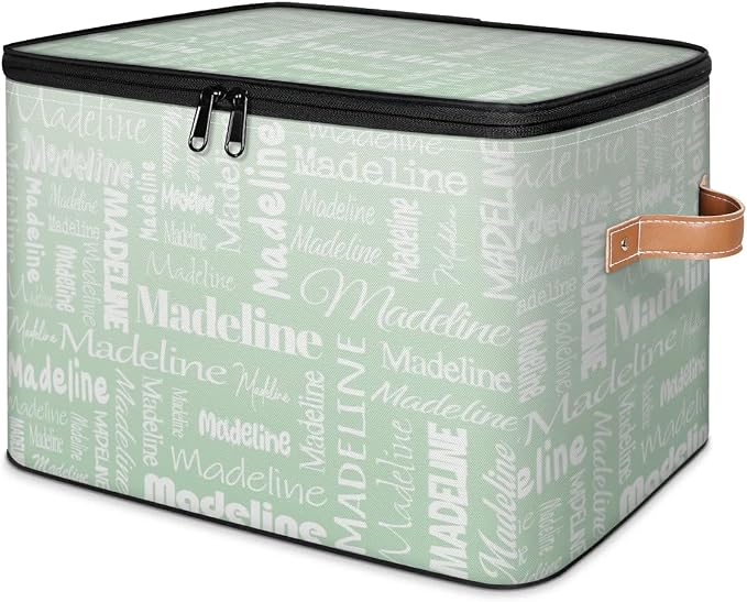 Custom Storage Basket with Name, Personalized Keepsake Box with Zipper Lid, Foldable Fabric Memory Bin Large capacity with Handle Green