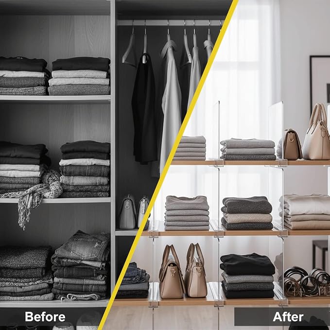HIGH & SKY 6 Pack Acrylic Shelf Dividers for Closet Organization – Clear Adjustable Closet Shelf Separators for Clothes, Handbags & Towels – Durable Acrylic Shelf Dividers for Neat Shelves & Storage