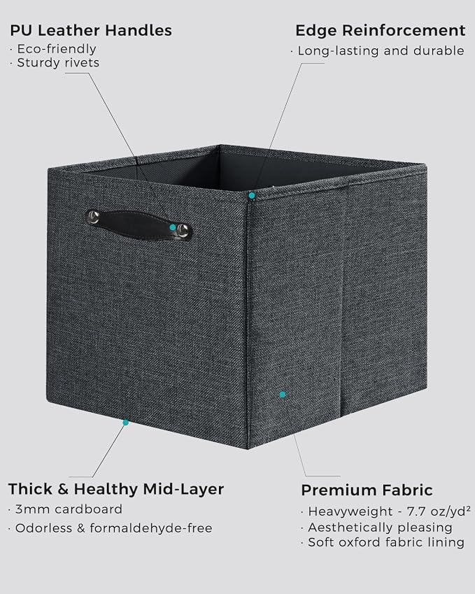 Cube Storage Bins | 13"x15"x13", Graphite Gray, 4 Pack | Multi-Size | 2X Thick Support Board | Vegan Leather Handles | 7.7 oz/yd² Fabric | Drawer Insert Basket Fits KALLAX