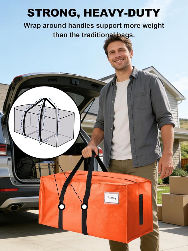 HOMESURE Supports 200lbs Heavy Duty Moving Bags - Strong Zipper & Wrap-Around Handles - Water-Resistant Storage Totes, Durable Alternative to Moving Boxes - 4 Pack - Orange