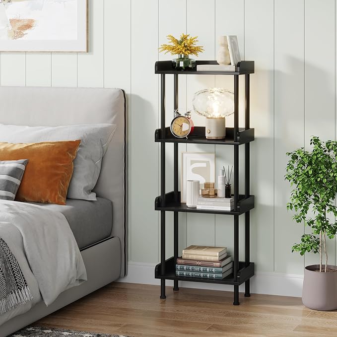 Hosfais Small Wooden Bookcase, 4-Tier Black Rustic Etagere Bookshelf for Living Room & Bedroom, Storage Organizer