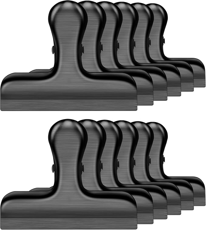 ANZNKU Chip Clips 12 Packs, Black Metal Bag Clips for Food Storage, Stainless Steel Food Clip for Bread Snack Coffee, Heavy Duty Chip Bag Clip for Kitchen Home Refrigerator & Office