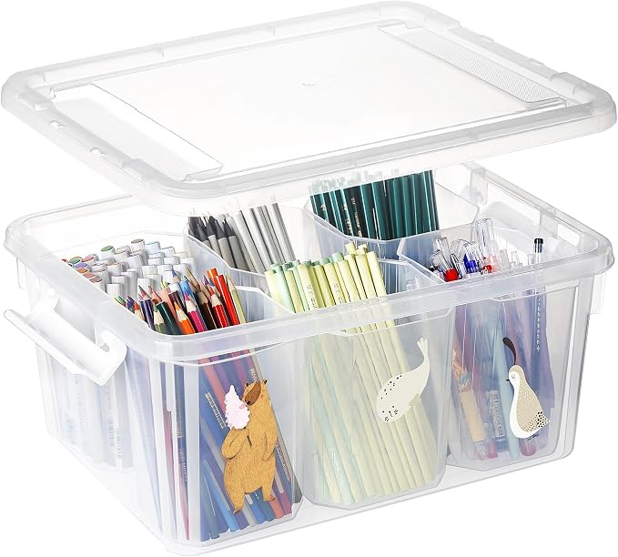 17QT Plastic Storage Bins with Lids - 1 Pack Art Craft Supply Organizer Box with Brush Pot for Kids, Stackable Clear Pen Container for Toy/Sewing/Comestic/Tool/Playdoh (1 Pack)