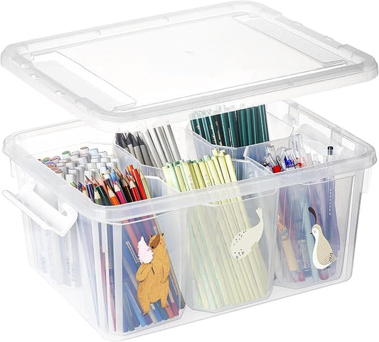 17QT Plastic Storage Bins with Lids - 1 Pack Art Craft Supply Organizer Box with Brush Pot for Kids, Stackable Clear Pen Container for Toy/Sewing/Comestic/Tool/Playdoh (1 Pack)