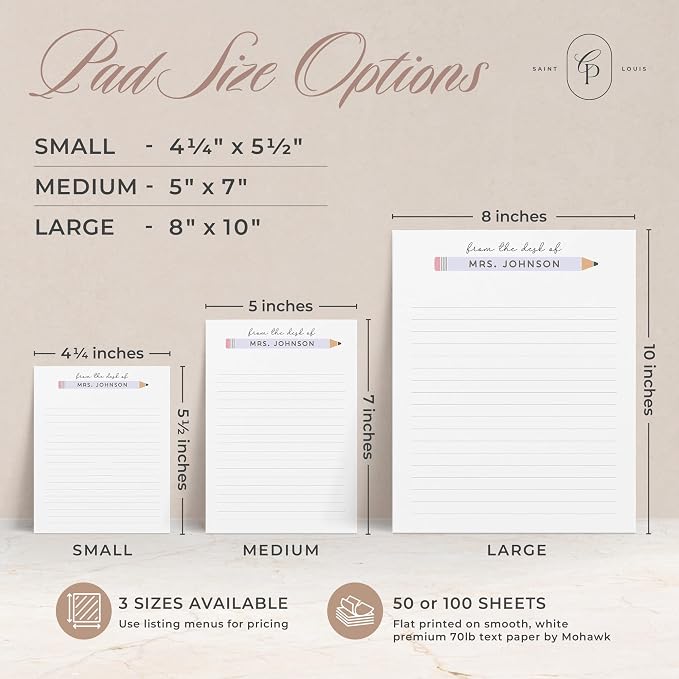 Curio Press Personalized Notepad 50 or 100 Sheets, Custom Stationery Note Pad 3 Sizes - From Desk Of Text Teacher Gifts Appreciation Note with Name Teacher Stationery Gifts - Pastel Pencil Pad